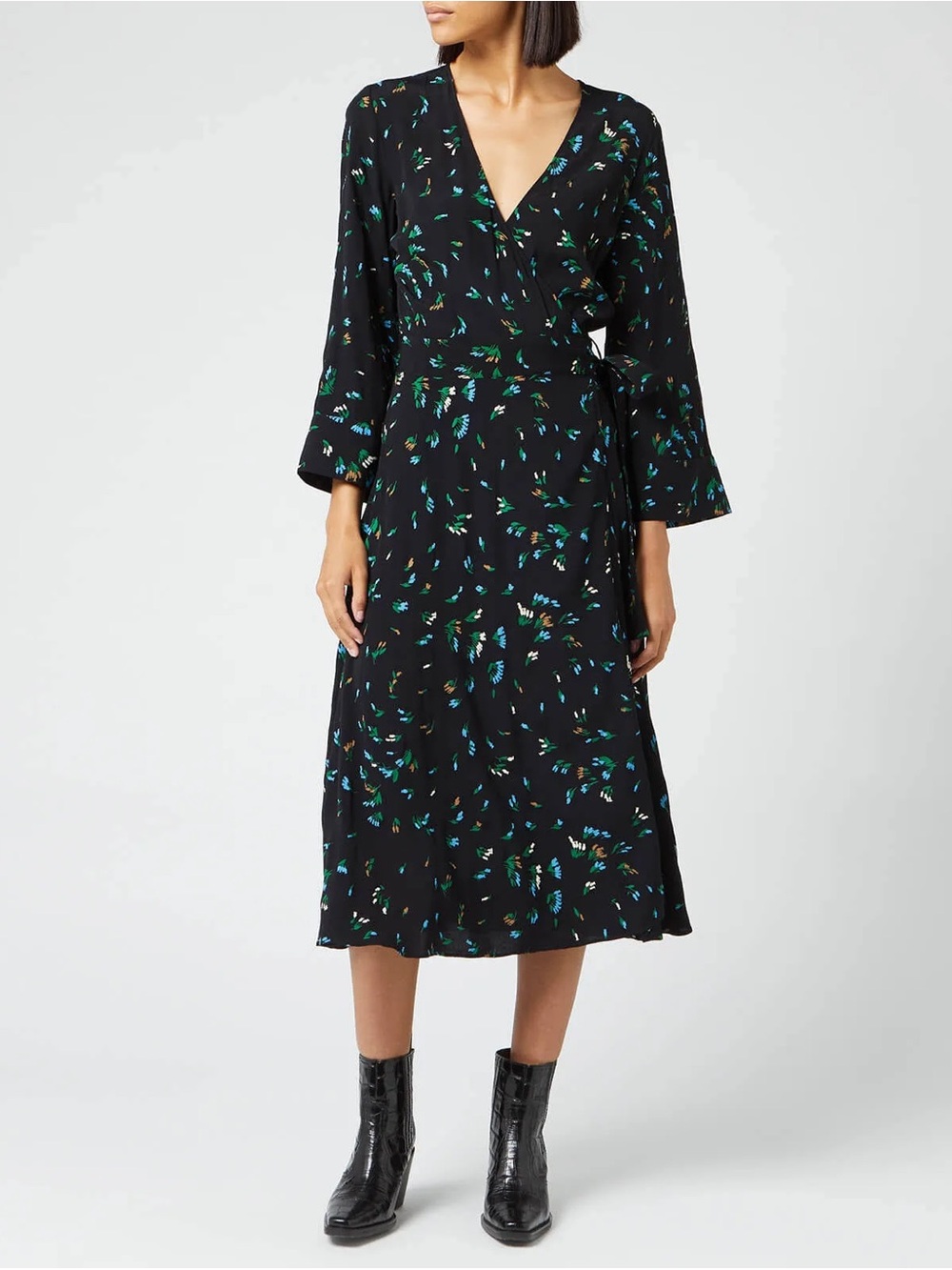 GANNI Printed Crepe Wrap Midi Dress Black Floral Long Sleeve Size 4